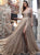 A Line Sequin V Neck Gold Prom Dresses with Slit