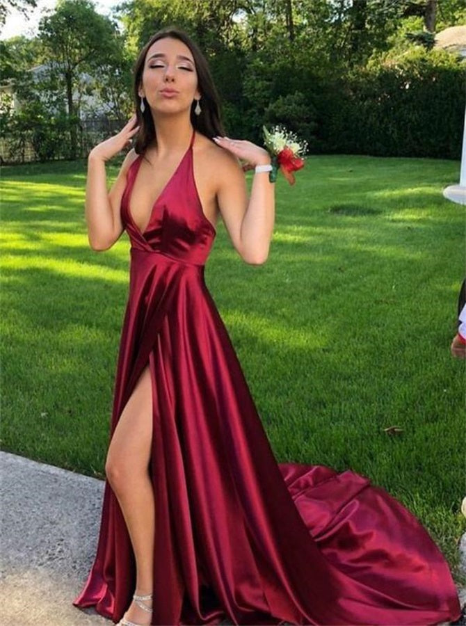 A Line Burgundy Backless Satin Prom Dresses With Split | Alinepromdress A Line Burgundy Backless Satin Prom Dresses With Split | Alinepromdress