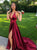 Deep V Neck Burgundy Backless Prom Dresses With Split