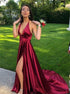 Deep V Neck Burgundy Backless Prom Dress With Split LBQ1212