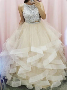 Two Pieces Beadings Tulle Ruffles Sleeveless Prom Dresses 