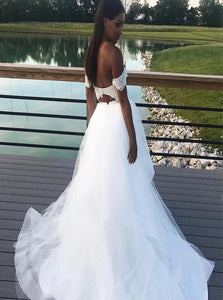 Off the Shoulder Tulle White Appliques Sweep Train Prom Dresses