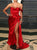 Off the Shoulder Red Satin Prom Dresses with Slit