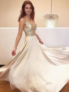 A Line V Neck Gold Beadings Satin Prom Dresses