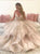 A Line Champagne V Neck Tulle Prom Dresses 