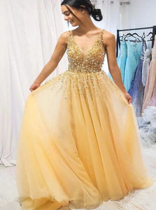 A Line V Neck Beadings Chiffon Prom Dresses