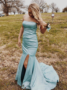 Strapless Mermaid Ice Blue Prom Dresses with Slit