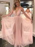 A line V Neck Tulle Prom Dress with Pleats LBQ0843