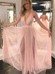 A line V Neck Tulle Prom Dresses with Pleats
