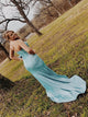 Strapless Mermaid Ice Blue Sweep Train Prom Dresses with Slit