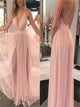 A line Floor Length Tulle Criss Cross Prom Dresses with Pleats