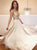 A Line V Neck Gold Beadings Satin Prom Dresses with Sweep Train