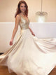 A Line V Neck Gold Beadings Satin Prom Dresses with Sweep Train