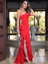 Sheath One Shoulder Red Satin Prom Dress with Ruffles LBQ1479