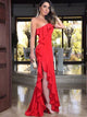 Sheath One Shoulder Red Satin Prom Dresses with Ruffles
