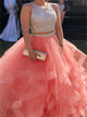 Two Pieces Beadings Tulle Ruffles Prom Dresses