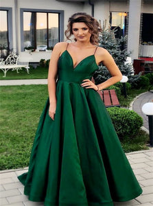 A Line V Neck Green Satin Pleats Prom Dresses