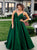 A Line V Neck Green Satin Pleats Prom Dresses