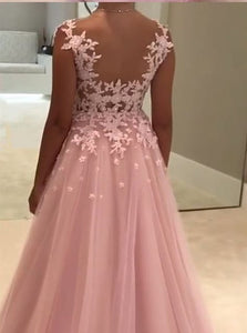 A Line Pink Tulle Prom Dresses with Lace