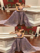 Deep V Neck Appliques Ball Gown Purple Chapel Train Prom Dresses 