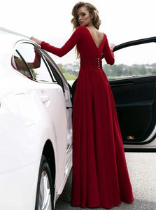 Deep V Neck Long Sleeves Burgundy Chiffon Prom Dresses with Split 