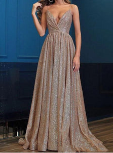 Spaghetti Straps Sequins Deep V Neck Prom Dresses 