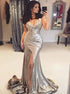 V Neck Mermaid Pleated Sexy Slit Prom Dresses LBQ0936