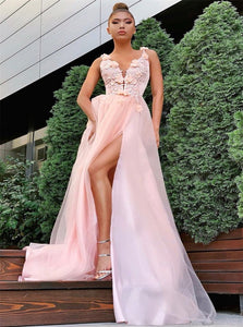 A Line Pink Spaghetti Straps Appliques Prom Dresses with Slit