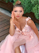 A Line Pink Spaghetti Straps Appliques Tulle Prom Dress with Slit