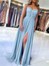 A Line Spaghetti Strap Light Sky Blue Long Prom Dress LBQ1547