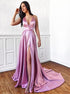 V Neck A Line Backless Prom Dress with High Slit LBQ0874