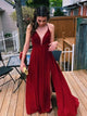 Spaghetti V Neck Chiffon Red Long Prom Dresses With Split
