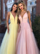 A Line V Neck Beadings Tulle Prom Dresses