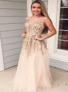 A Line V Neck Tulle Beading Prom Dresses with Appliques