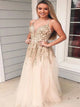 A Line V Neck Tulle Beading Prom Dresses with Appliques