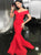 Mermaid Off the Shoulder Sweep Train Red Satin Prom Dresses