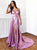 V Neck A Line Sweep Train Pink Prom Dresses with High Slit