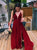 A Line Spaghetti V Neck Chiffon Red Sleeveless Prom Dresses With Split