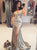 V Neck Mermaid Pleated Silver Sweep Train Prom Dresses