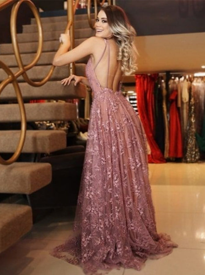 Pink Lace Spaghetti Straps Backless Prom Dress | Alinepromdress Pink Lace Spaghetti Straps Backless Prom Dress | Alinepromdress