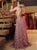 A Line Pink Lace Sweep Train Backless Prom Dresses
