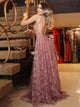 A Line Pink Lace Sweep Train Backless Prom Dresses