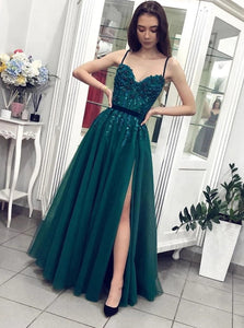 A Line Spaghetti straps Beaded  Green Tulle Prom Dresses With Split 