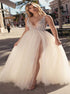A Line Split Tulle Beadings V Neck Prom Dress LBQ0903