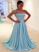 Blue Chiffon Beadings One Shoulder Prom Dresses
