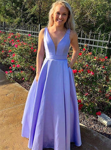 A Line Lavender V Neck Prom Dresses with Pockets