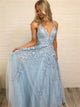 A Line V Neck Appliques Blue Chiffon Floor Length Prom Dresses