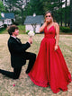  A Line V Neck Red Stripe Tulle Prom Dresses with Floor Length
