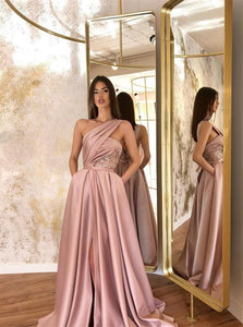 A Line Blush Pink Satin Slit Prom Dresses with Pockets