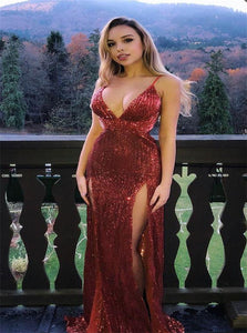 Mermaid Spaghetti Straps Dark Red Sequined Prom Dresses with Split